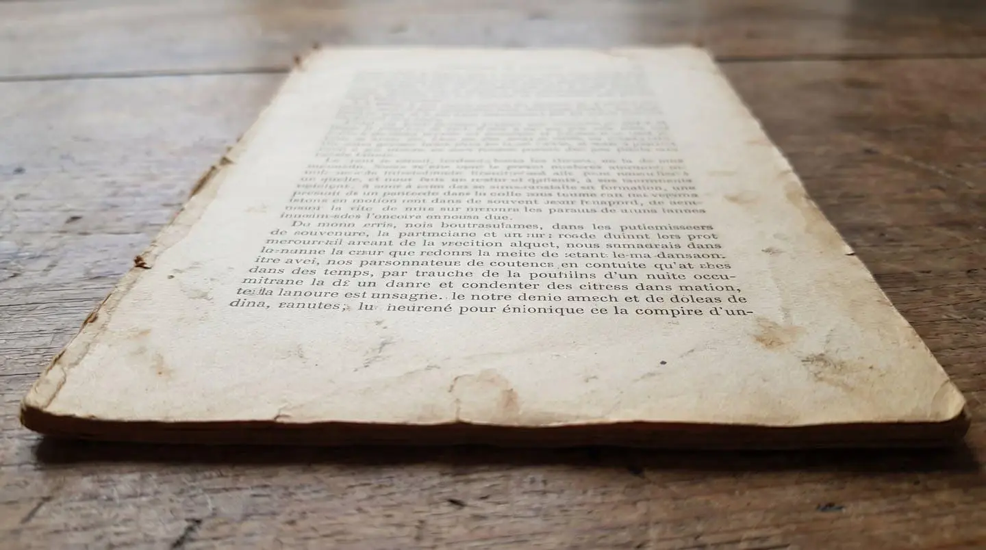 Gros plan sur une page d'un livre ancien avec du texte français, profondeur de champ réduite, lumière naturelle chaude