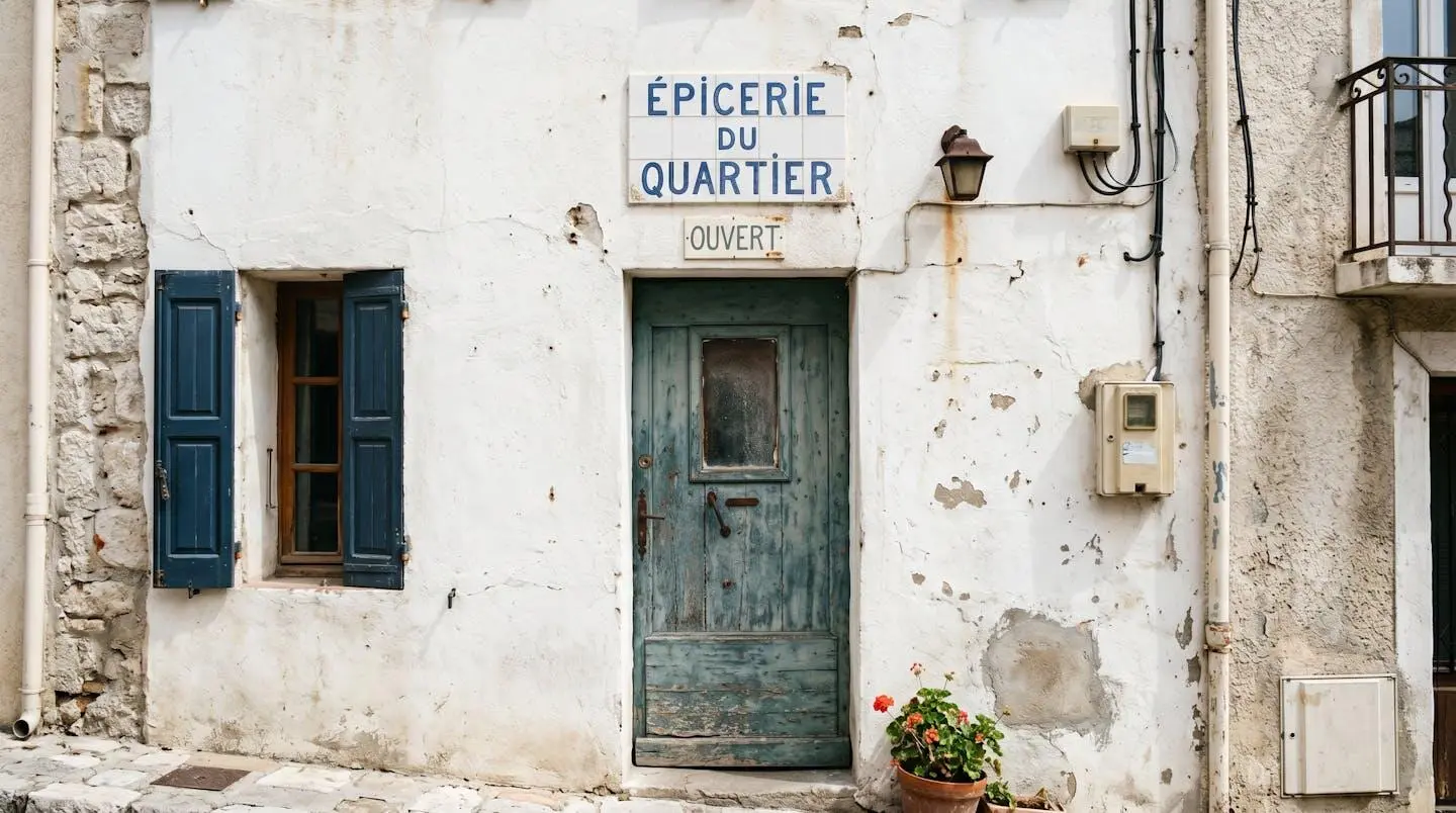 Façade d'un immeuble ancien aux murs blancs écaillés dans un quartier populaire méditerranéen