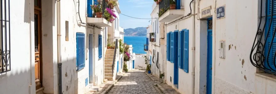 Une ruelle ensoleillée d'Algérie bordée de bâtiments blancs aux volets bleus, lumière naturelle éclatante